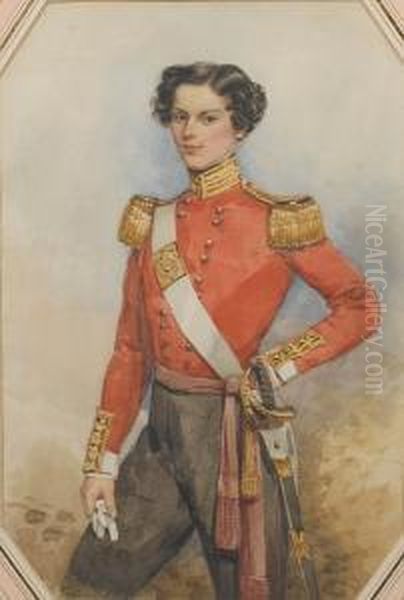 An Officer Of The 96th Regiment 
Of Foot,wearing Double-breasted Red Coatee With Gold Epaulettes And 
Collar,white Cuffs, Black Breeches, Crimson Sash Tied At His Waist, 
Whitecross Belt, The Belt Plate Bearing Oil Painting by Francois Theodore Rochard