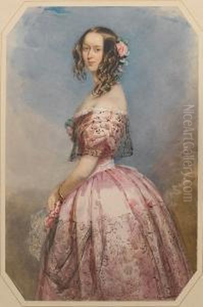 A Lady, Wearing Pink Dress, The 
Bodice Andskirt Lavishly Trimmed With Flounces Of Black Lace, Pink 
Rosecorsage And Gold Bracelet Around Her Left Wrist, Her Long Brownhair 
Dressed In Ringlets With Pink Roses And Green Leaves, Sheholds A White 
Lace  Oil Painting by Francois Theodore Rochard