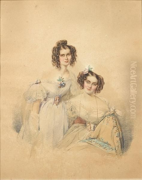 The Hon. Mrs Talbot, Wearing 
White Dress Withfrilled Neckline, Sash With Gold Buckle, Gold Necklace, A
 Shawlwith Floral-patterned Border Over Her Left Shoulder, Her Brown 
Hairworn In Ringlets And Dressed With A Pink Rose, Seated, Mrs 
Barneleystand Oil Painting by Francois Theodore Rochard