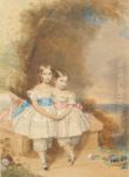 Two Young Children, The One To 
The Leftwearing Full-skirted White Dress With Short Sleeves And Tied 
Bluesash, White Drawers Trimmed With Broderie Anglaise, White Anklesocks
 And Black Slippers, Her Hair Dressed In Ringlets, The One Tothe Right 
Wear Oil Painting by Francois Theodore Rochard