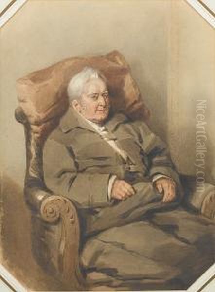 An Elderly Gentleman, Wearing 
Grey Coat Overwhite Shirt, A Blanket Covering His Knees, Seated In A 
Carved Andupholstered Armchair With A Cushion Behind His Head. Oil Painting by Francois Theodore Rochard