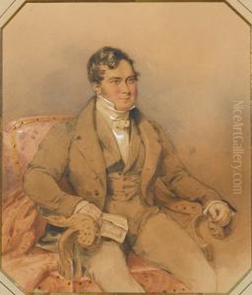 A Gentleman, Wearing Brown Frock
 Coat,waistcoat And Trousers Over White Shirt And Tied White 
Stock,seated In A Carved And Upholstered Armchair, A Pamphlet Held In 
Hisright Hand. Oil Painting by Francois Theodore Rochard