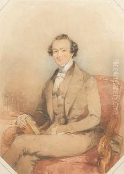 A Gentleman, Wearing Brown 
Frock-coat,waistcoat And Trousers Over White Shirt With High Tied White 
Stock,seated In An Upholstered Red Armchair, A Book Held In His 
Righthand, Books Visible On A Tabletop To His Right. Oil Painting by Francois Theodore Rochard