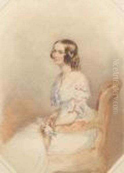 A Lady, Wearing White Dress With
 Lace Bertha,the Bodice And Short Sleeves Trimmed With Tied Pink 
Ribbons, Ablack Ribbon With Gold Pendant Around Her Neck, A Pink Rose In
 Herright Hand, Her Brown Hair Dressed In Ringlets, Seated In 
Anupholstered Re Oil Painting by Francois Theodore Rochard