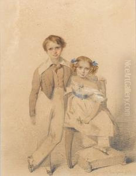 James Henry Reid, Wearing Brown 
Coat, Matchingwaistcoat With White Trousers And Falling Collar, His 
Sisterkatherine, Seated To His Left, Wearing White Dress With 
Shortpuffed Sleeves And Blue Sash And Gold Buckle, A Knotted Blue 
Ribbonat Her Breast Oil Painting by Francois Theodore Rochard