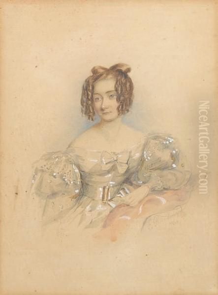 Mary Scriven (d.c.1849), Wearing
 Cream Dresswith Lace Shoulder Caps, Short Puffed Sleeves And Long 
Gauzeoversleeves, Gold Belt Buckle And Knotted Ribbon Corsage, Her 
Brownhair Worn In Ringlets. Oil Painting by Francois Theodore Rochard