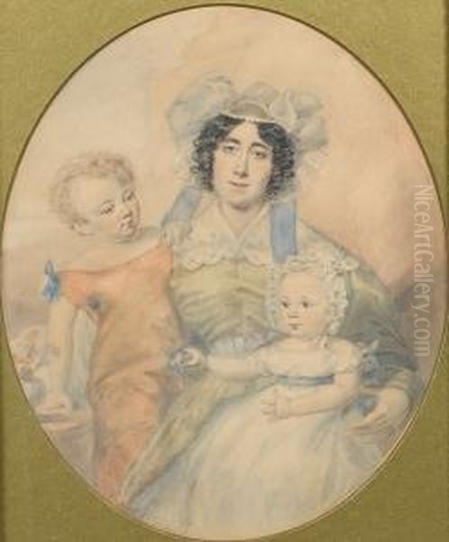 A Lady, Wearing Green Dress With
 Frilled Whitecollar And Blue Sash, Her Black Hair Curled And Upswept 
Beneath Aruffled White Cap With Orange Spots And Trimmed With Blue 
Ribbons,seated, A Baby In A White Smock With A Blue Sash And Frilled 
Whitecap  Oil Painting by Francois Theodore Rochard