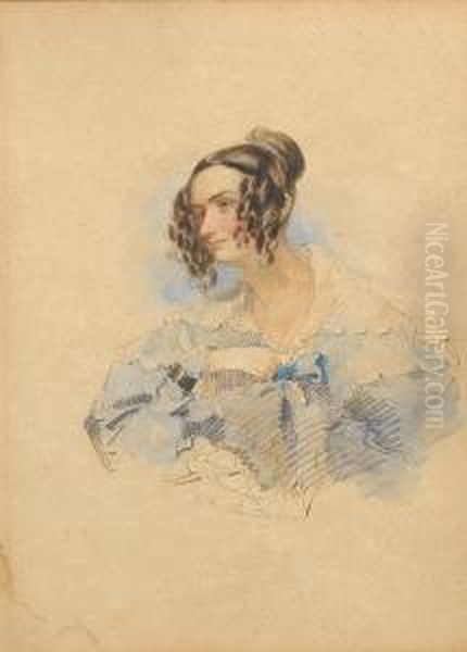 Ellen Werge, Wearing Blue Dress 
With Frilledwhite Pelerine Collar And Corsage Of Knotted Blue Ribbon, 
Her Brownhair Dressed In Ringlets And A Bun. Oil Painting by Francois Theodore Rochard