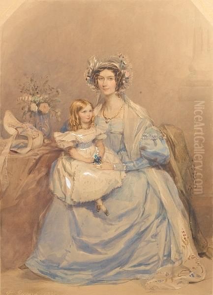 Mrs Robert Close (d.1874), 
Wearing Blue Dresswith Bertha And Gigot Sleeves, Gold Chain Around Her 
Neck And Goldring On Her Left Hand, Long White Gauze Shawl With 
Floralembroidered Border Around Her Shoulders, Her Brown Hair Dressed 
Insausage Curls Oil Painting by Francois Theodore Rochard