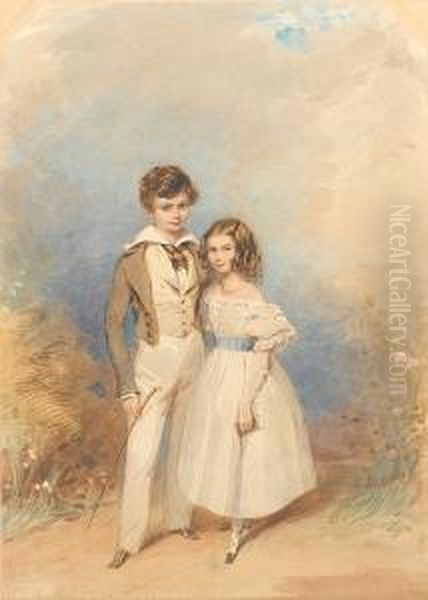 Vere Henry Close, Wearing Brown 
Coat Over Buffwaistcoat With Brown Spots, White Shirt With Turned-back 
Collar Andtied Brown Stock, Cream Trousers And Brown Boots, Holding A 
Ridingcrop In His Right Hand, And Sophia Caroline Close, Wearing 
Whitedres Oil Painting by Francois Theodore Rochard