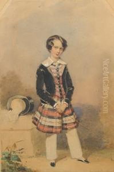 A Young Boy, Wearing Black 
Velvet Coat Overtartan Tunic With Buttoned Front And White Collar, White
 Drawersand Black Slippers, Holding A Riding Crop In His Right 
Hand,standing In An Outdoor Setting, A Black Top Hat And 
Whitehandkerchief Resting On Oil Painting by Francois Theodore Rochard