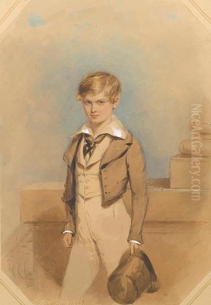 Barry Maxwell Close 
(1828/9-1873), Wearingbrown Coat Over Buff-coloured Trousers And 
Waistcoat, With Abroad-collared Shirt And Tied Black Cravat, A Top Hat 
In His Lefthand, Ledge And Column Behind. Oil Painting by Francois Theodore Rochard