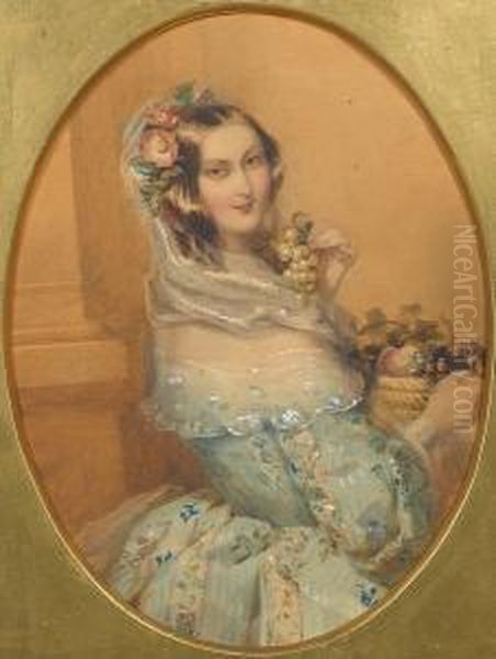 A Lady, Wearing Flowered Green 
Dress With Fullsleeves And White Lace Bertha, Her Brown Hair Dressed 
With Redflowers And Green Leaves, A Striped White Veil Covering The Back
 Ofher Head, A Basket Of Fruit In Her Right Hand, Her Raised Left 
Handholdi Oil Painting by Francois Theodore Rochard