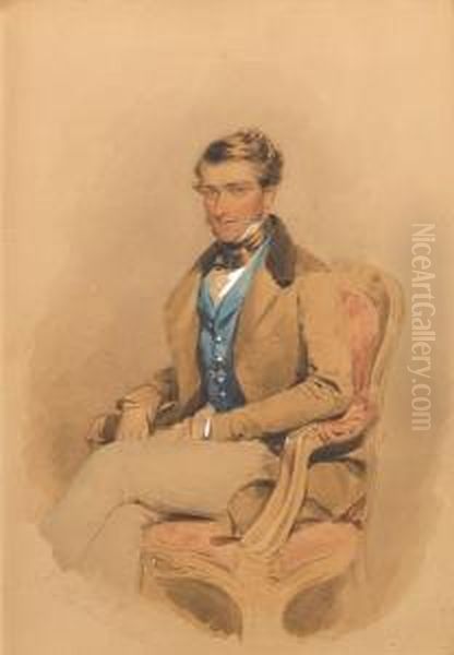 A Pair Of Portraits Of The Rev. 
George Gilbeybarton, Wearing Fawn-coloured Coat With Brown Collar, Buff 
Colouredtrousers, Blue Waistcoat And White Shirt With Tied Black 
Stock,seated In A Carved And Upholstered Armchair; And Mrs Barton 
(neelouisa A Oil Painting by Francois Theodore Rochard