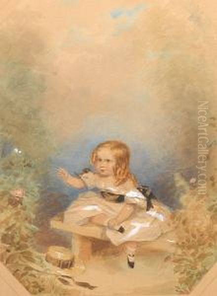 A Young Girl, Wearing White 
Dress Trimmed Withlace, Black Ribbon Sash And Knots Of Black Ribbon On 
The Shortpuffed Sleeves, White Ankle Socks And Black Slippers, Her Fair 
Hairdressed In Ringlets, Seated On A Bench, Stretching Out Her Righthand
 To  Oil Painting by Francois Theodore Rochard