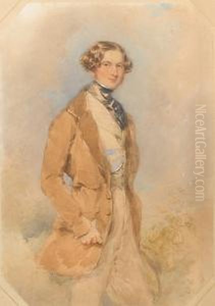 Stephen Ram (b.1819), Wearing 
Brown Frock Coatwith Buff Trousers, Striped Waistcoat And Tied Black 
Stock Withpin, A Broad Brimmed Top Hat In His Left Hand. Oil Painting by Francois Theodore Rochard