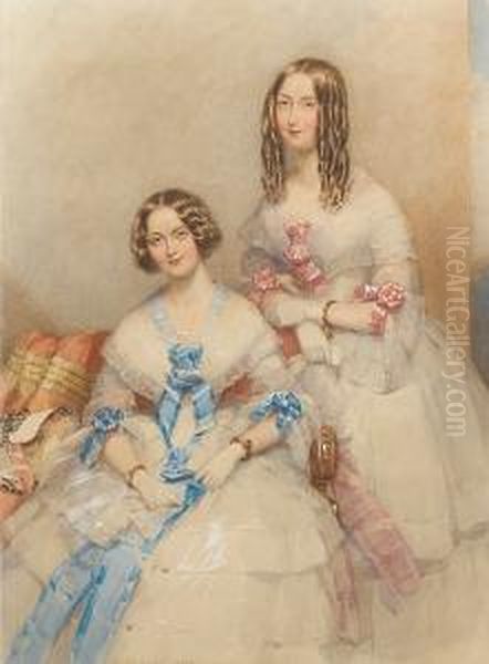 Two Young Ladies, The One On The
 Left Wearingwhite Dress With Lace Bertha And Flounced Skirt, The Bodice
 Andthree-quarter Length Sleeves Lavishly Trimmed With Knots Of 
Blueribbon, Short White Gloves And Gold Bracelets On Her Wrists, 
Herbrown Hair  Oil Painting by Francois Theodore Rochard