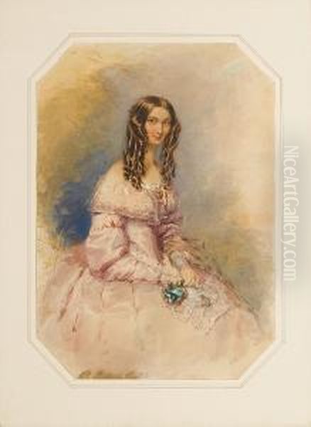 A Lady, Wearing Pink Dress With 
White Lacebertha, Gold Brooch Set With Red Stone At Her Breast, Fine 
Goldchain Around Her Neck, Her Long Brown Hair Dressed In 
Ringlets,holding A Sprig Of Flowers And A White Lace Handkerchief In 
Herlap. Oil Painting by Francois Theodore Rochard