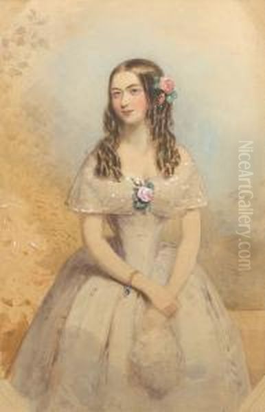 A Lady, Wearing Grey Dress With 
White Lacebertha, Corsage Of Pink Roses And Green Leaves, A Gold 
Bracelet Setwith A Blue Stone On Her Right Wrist, Her Arms Crossed In 
Front,holding A Lace Handkerchief In Her Left Hand, Her Long Brown 
Hairworn In R Oil Painting by Francois Theodore Rochard