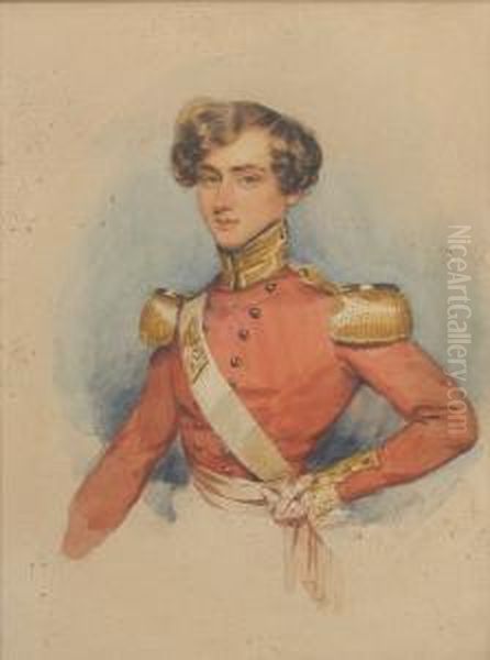 Captain Robert Dean Werge Of The
 39th Foot,wearing Red Coatee With Gold Collar And Epaulettes, White 
Crossbelt Bearing Gilt Belt Plate, A Crimson Sash Tied At Hiswaist. Oil Painting by Francois Theodore Rochard