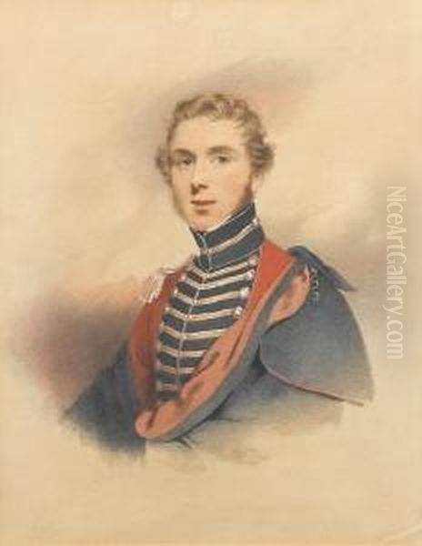 A Staff Officer, Wearing Red 
Coatee With Blackfacings And Gold Lace, Gold Epaulette On His Right 
Shoulder, Ablack Cloak Lined With Red Over His Left Shoulder. Oil Painting by Francois Theodore Rochard