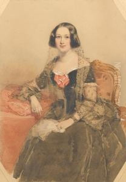 A Lady, Wearing Black Dress, The
 Neckline And Short Sleeves Trimmed With White Lace, Corsage Of Knotted 
Red Ribbon, Black Lace Veil, Black Ribbon Bracelets On Both Wrists, 
Rings On Both Hands, Her Black Hair Looped Over Her Ears, Seated In A 
Carve Oil Painting by Francois Theodore Rochard