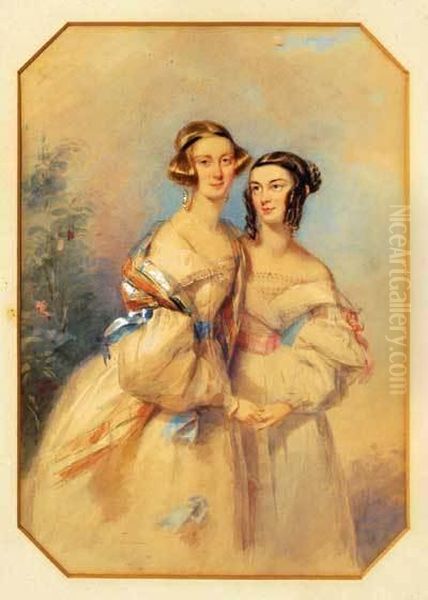 Portrait Of Two Sisters Oil Painting by Francois Theodore Rochard