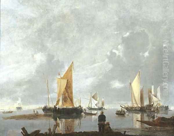 Moored ships in a calm, fisherfolk on a jetty nearby Oil Painting by Hendrick Dubbels