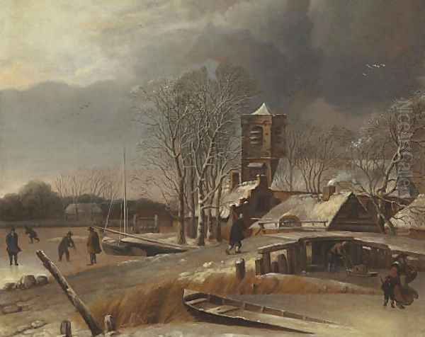 Winter landscape with skaters on a frozen canal Oil Painting by Hendrick Dubbels