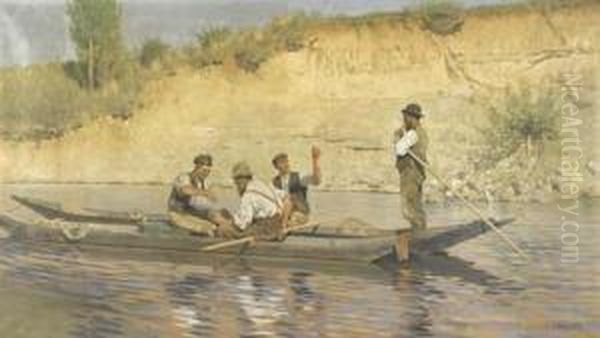 River Landscape With Peasants Resting And Eating. Oil Painting by Carl Rochling