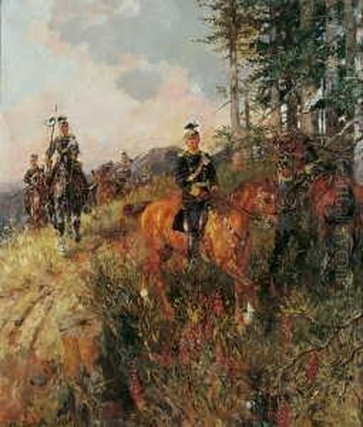 Ulanen Im Manover. Signiert Und 
Datiert Unten Links: Th. Rocholl 1929. Ol Auf Leinwand. H 135; B 115 Cm. Oil Painting by Theodor Rocholl