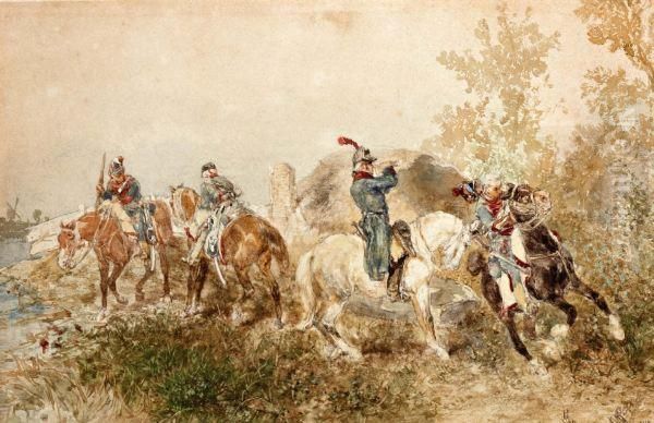 Cavaleristen Bij Een Rivier Oil Painting by Charles Rochussen