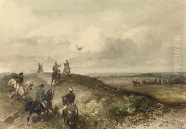 A Royal Hunting Party: Queen Emma On A Falcon Hunt Oil Painting by Charles Rochussen