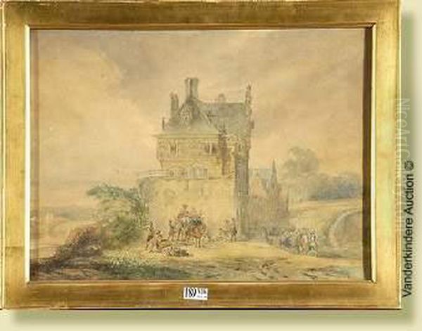 Lahalte Des Militaires Au 
Chateau, Aquarelle Sur Papier. Attribuee Acharles Rochussen. Ecole 
Hollandaise. Dim.:27,5x36,5cm Oil Painting by Charles Rochussen