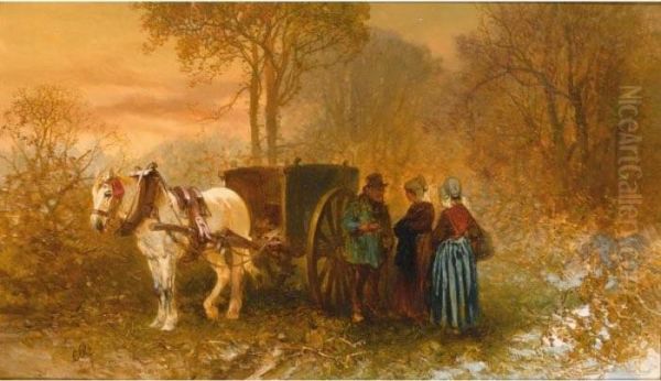 Travellers By A Horse And Cart In A Wooded Landscape Oil Painting by Charles Rochussen