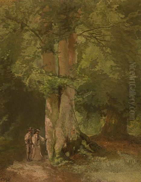 Man And Woman On Wood Path Oil Painting by Charles Rochussen