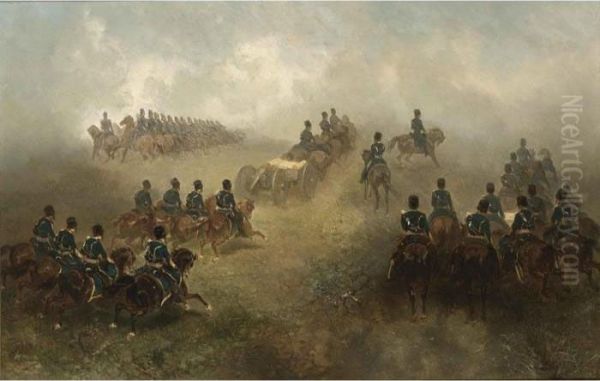 A Military Exercise Oil Painting by Charles Rochussen