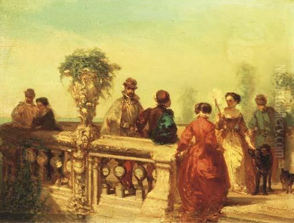 La Terasse: Elegant Company On A Terrace Oil Painting by Charles Rochussen