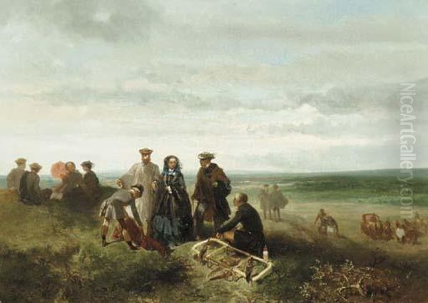 Chasse Au Faucon; An Elegant Company During A Falcon Hunt Oil Painting by Charles Rochussen