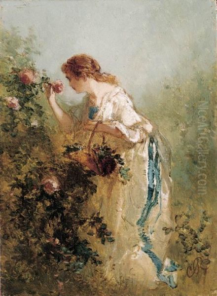 An Elegant Lady Picking Roses Oil Painting by Charles Rochussen