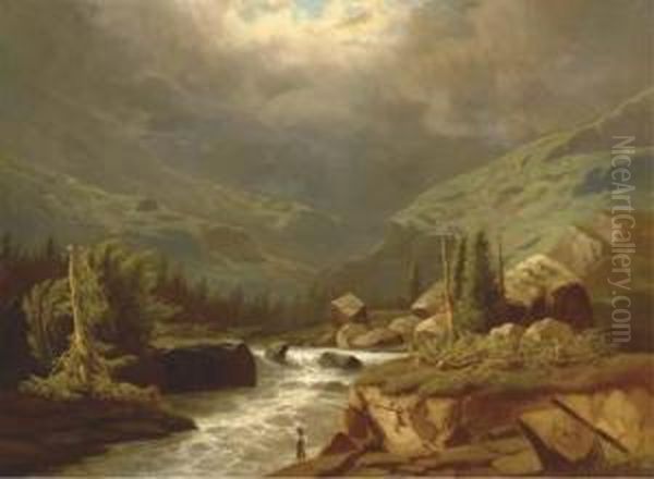 Fishing In An Alpine Stream Oil Painting by Carl Gustav Rodde