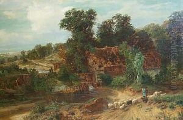 Bauernhof. Im Vordergrund Hirte Mit Schafen. Unten Rechts Signiert C. Rodeck Oil Painting by Karl Rodeck