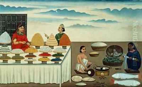 Fish seller sweetmeat maker and sellers with their wares Patna Oil Painting by Shiva Dayal Lal