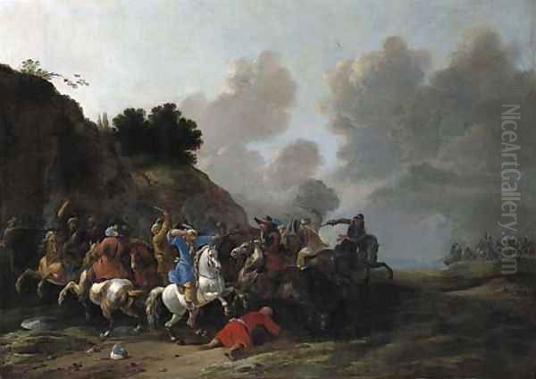 A cavalry battle between Turks and Christians Oil Painting by Simon Johannes van Douw