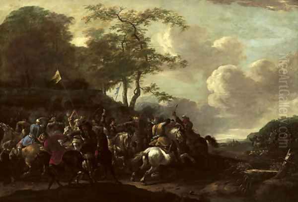 A cavalry skirmish between Christians and Turks 2 Oil Painting by Simon Johannes van Douw