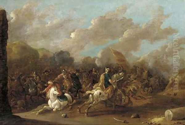 A cavalry skirmish between Christians and Turks Oil Painting by Simon Johannes van Douw