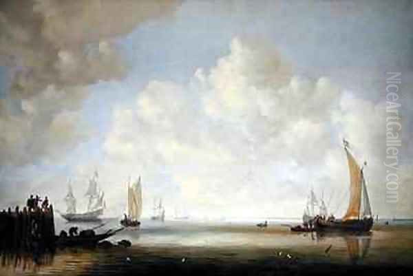 Ships offshore in a calm with figures on a jetty Oil Painting by Willem van Diest