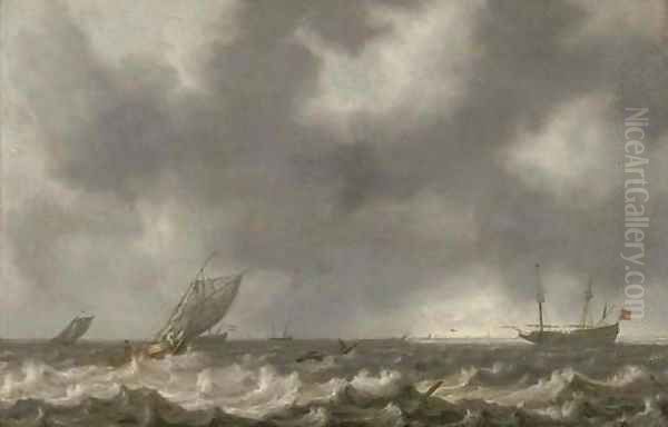 Dutch men-o'-war and other shipping in choppy seas, with a view of the coast beyond Oil Painting by Willem van Diest