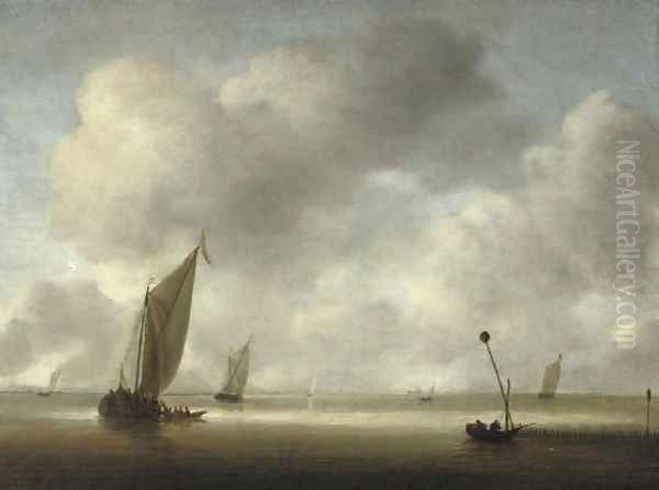 A calm with fishing boats and fishermen in the foreground Oil Painting by Willem van Diest