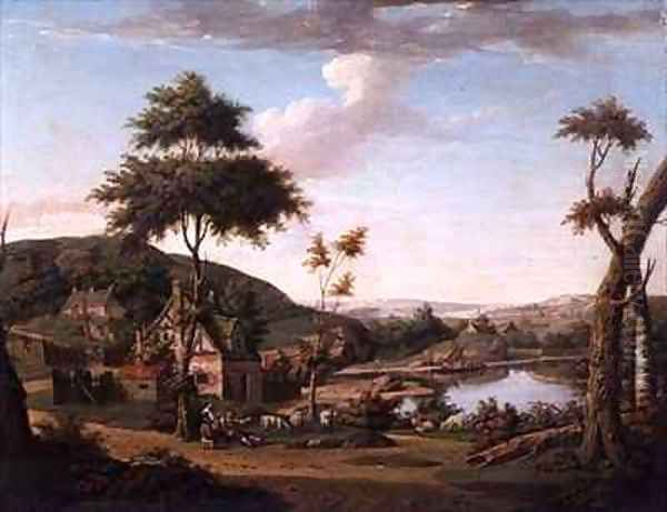 River landscape with Figures Outside a Cottage Oil Painting by William Deas